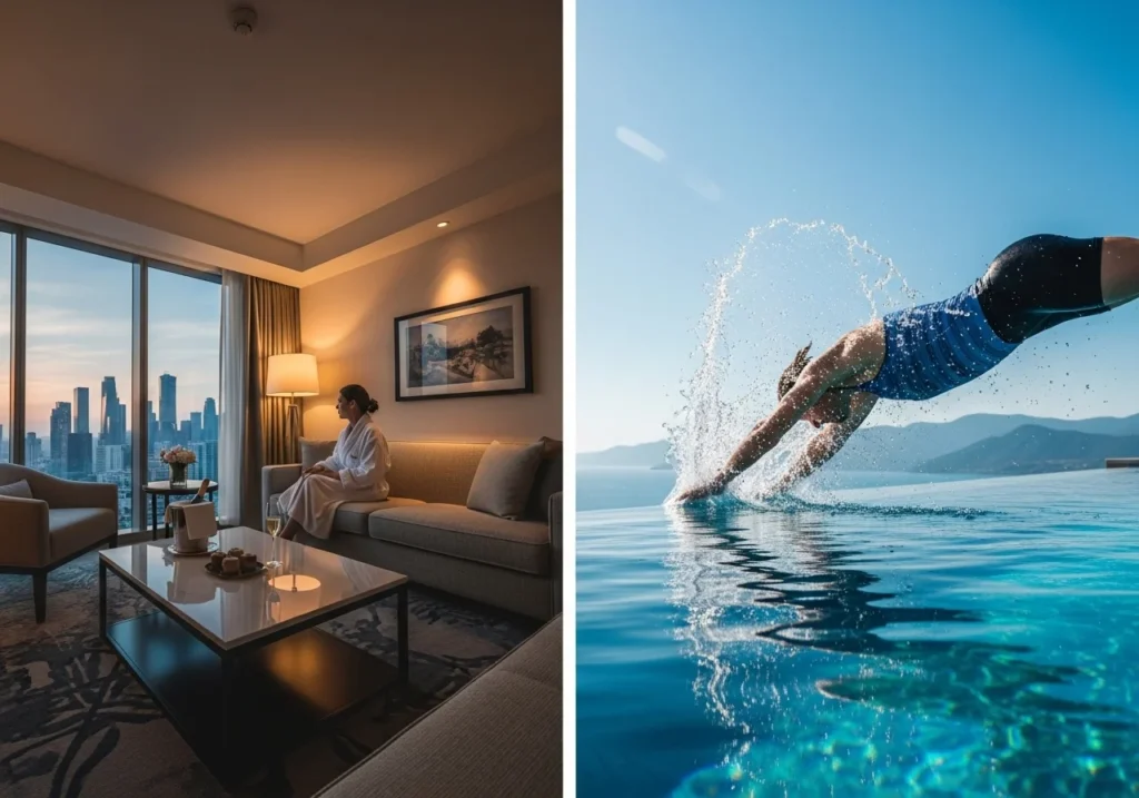 Principios ABCD para YouTube: Impulsa Reservas Directas de Tu Hotel 8 Doble imagen: Confort en habitación de hotel de ciudad y buceo en piscina de resort con montañas de fondo.