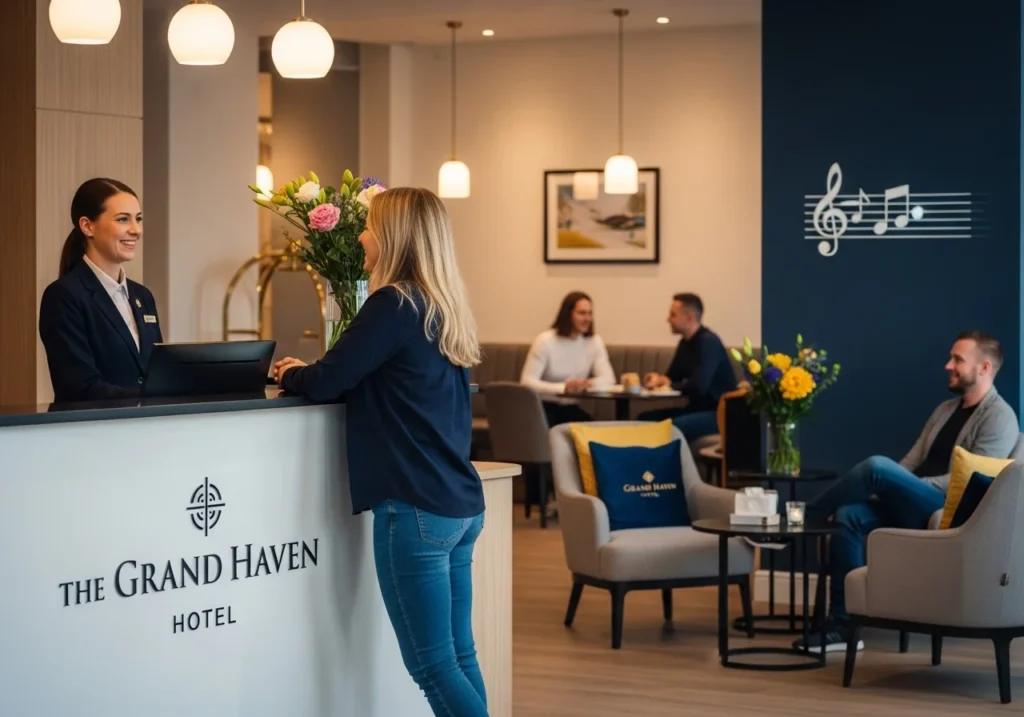 Principios ABCD para YouTube: Impulsa Reservas Directas de Tu Hotel 9 Recepcionista sonriente atiende a huésped en el lobby de The Grand Haven Hotel, sugiriendo gestión de reservas.