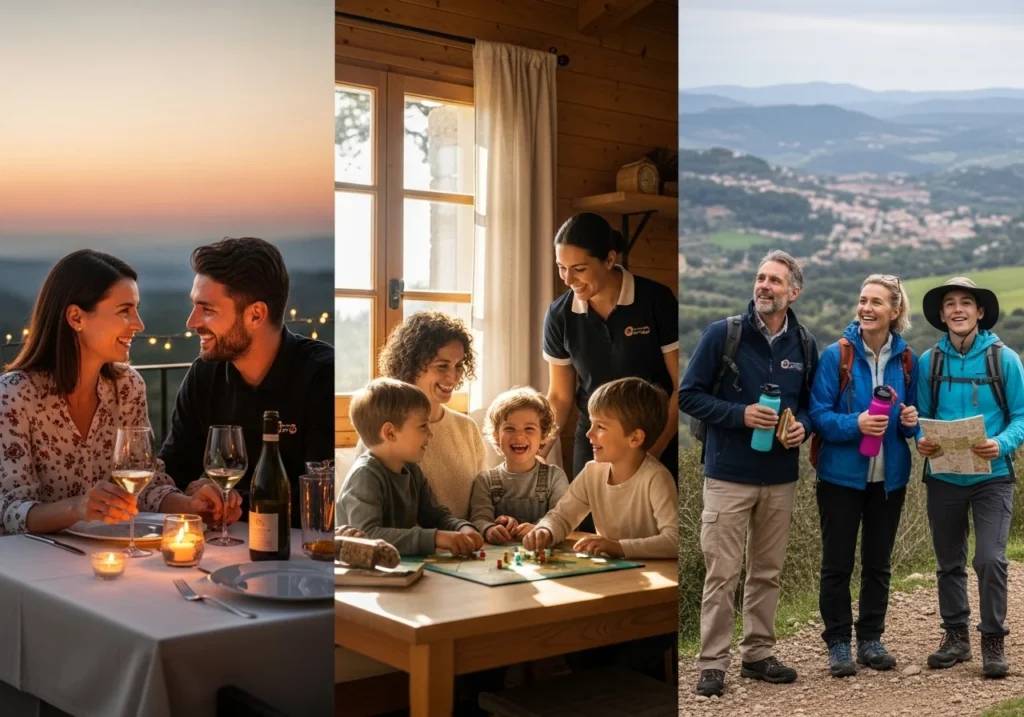 Principios ABCD para YouTube: Impulsa Reservas Directas de Tu Hotel 10 Pareja en cena romántica, familia jugando con personal y familia de senderismo; diversas experiencias de hotel.