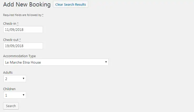 Añadir reserva manualmente 7 Formulario para añadir nueva reserva de hotel en WordPress, con fechas, alojamiento "Le Marche Etna House", adultos y niños.
