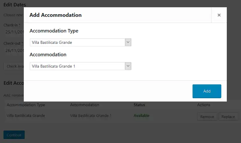 Modificar reservas existentes 11 Pop-up 'Add Accommodation' en software de reservas de hotel, seleccionando 'Villa Basilicata Grande'.
