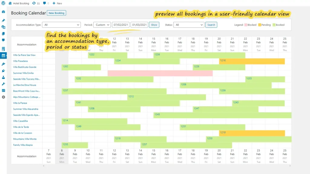 Interfaz de gestión de reservas para propiedades con una vista de calendario clara, visualizando ocupación y estados.