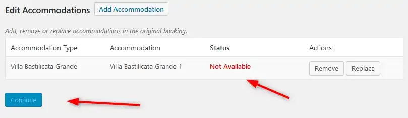 Modificar reservas existentes 7 Interfaz de edición de reservas mostrando 'Villa Basilicata Grande' no disponible, con opciones de remover o reemplazar.