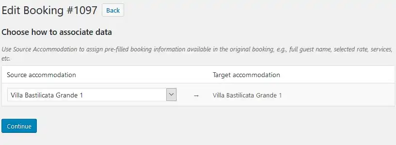 Modificar reservas existentes 8 Interfaz de edición de reservas de hotel en WordPress para asociar alojamiento "Villa Basilicata Grande 1"