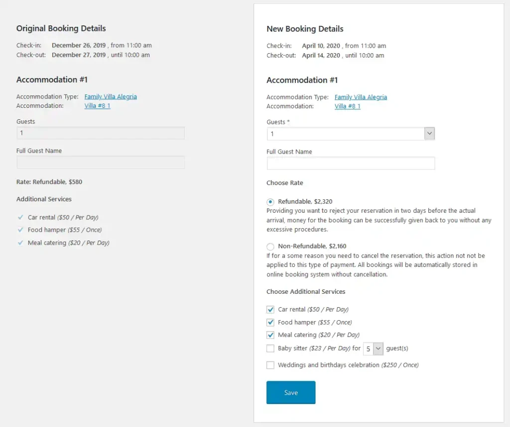 Modificar reservas existentes 9 Comparación de detalles de reserva de hotel en un software WordPress, mostrando cambios en fechas y servicios de villa.