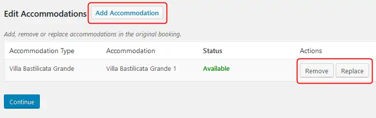 Modificar reservas existentes 10 Interfaz de gestión para editar, añadir y reemplazar reservas de alojamiento en un sistema de hotel WordPress.