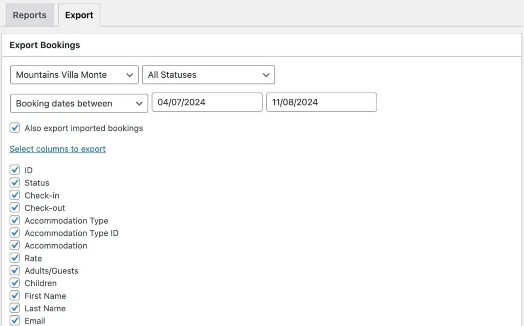 Interfaz para exportar reservas de alojamiento, con filtros por fechas y columnas personalizables para generar informes.