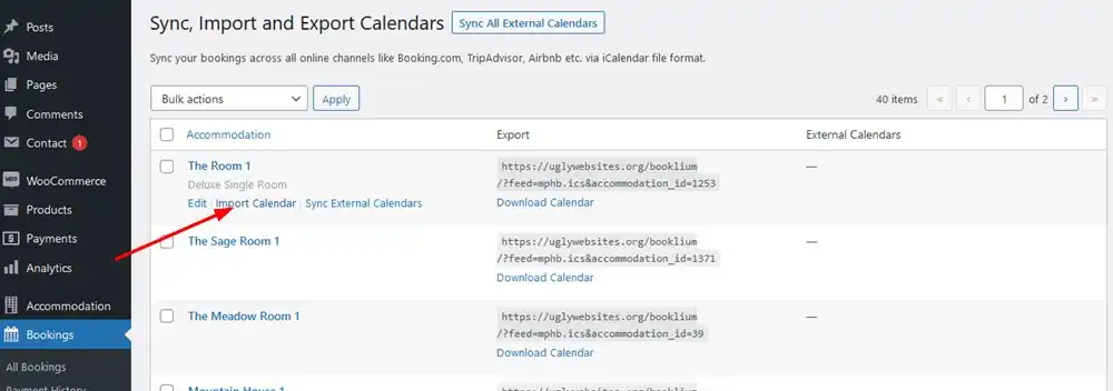 Crear Reservación Nueva desde el Panel de Administración 7 Interfaz de WordPress mostrando la opción 'Importar Calendario' para una habitación, dentro de la sección de reservas.