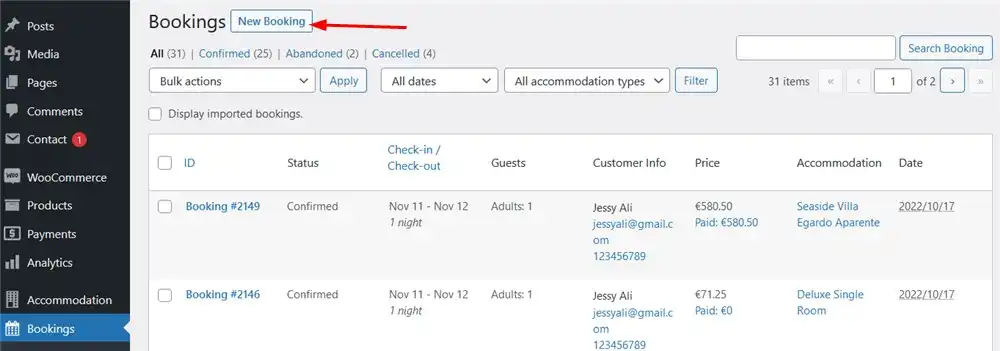 Crear Reservación Nueva desde el Panel de Administración 6 Interfaz de gestión de reservas con botón "Nueva Reserva" resaltado para añadir un nuevo alojamiento.