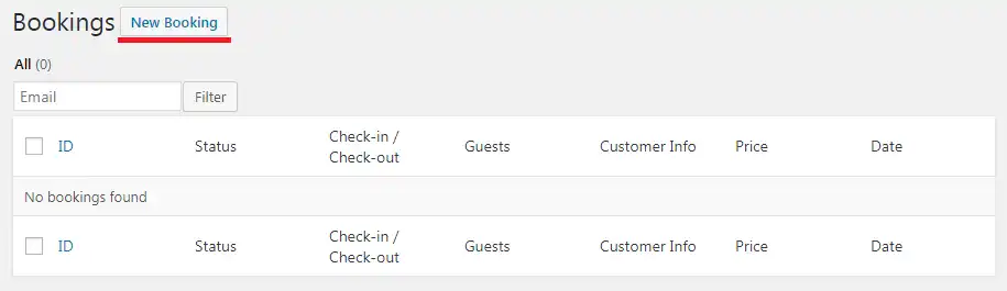 Añadir reserva manualmente 6 Interfaz de gestión de reservas de hotel en WordPress, mostrando la opción 'Nueva Reserva' y columnas de datos.