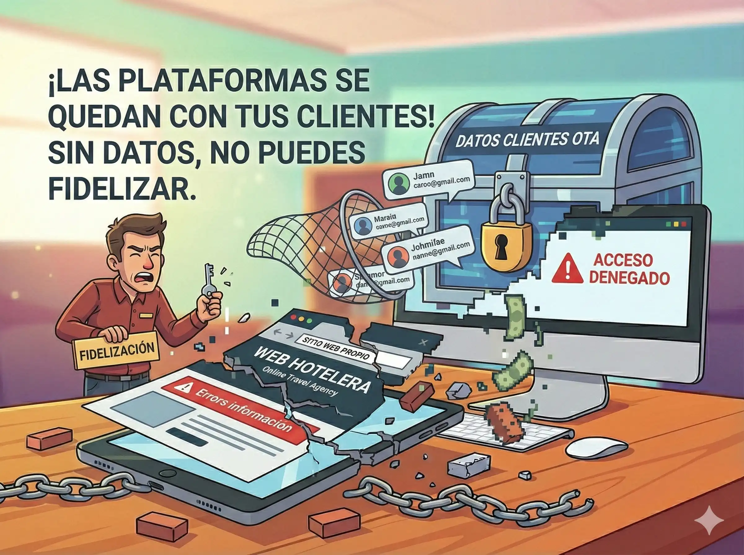 Ilustración de plataformas online controlando los datos de clientes de hoteles, bloqueando el acceso a la fidelización.