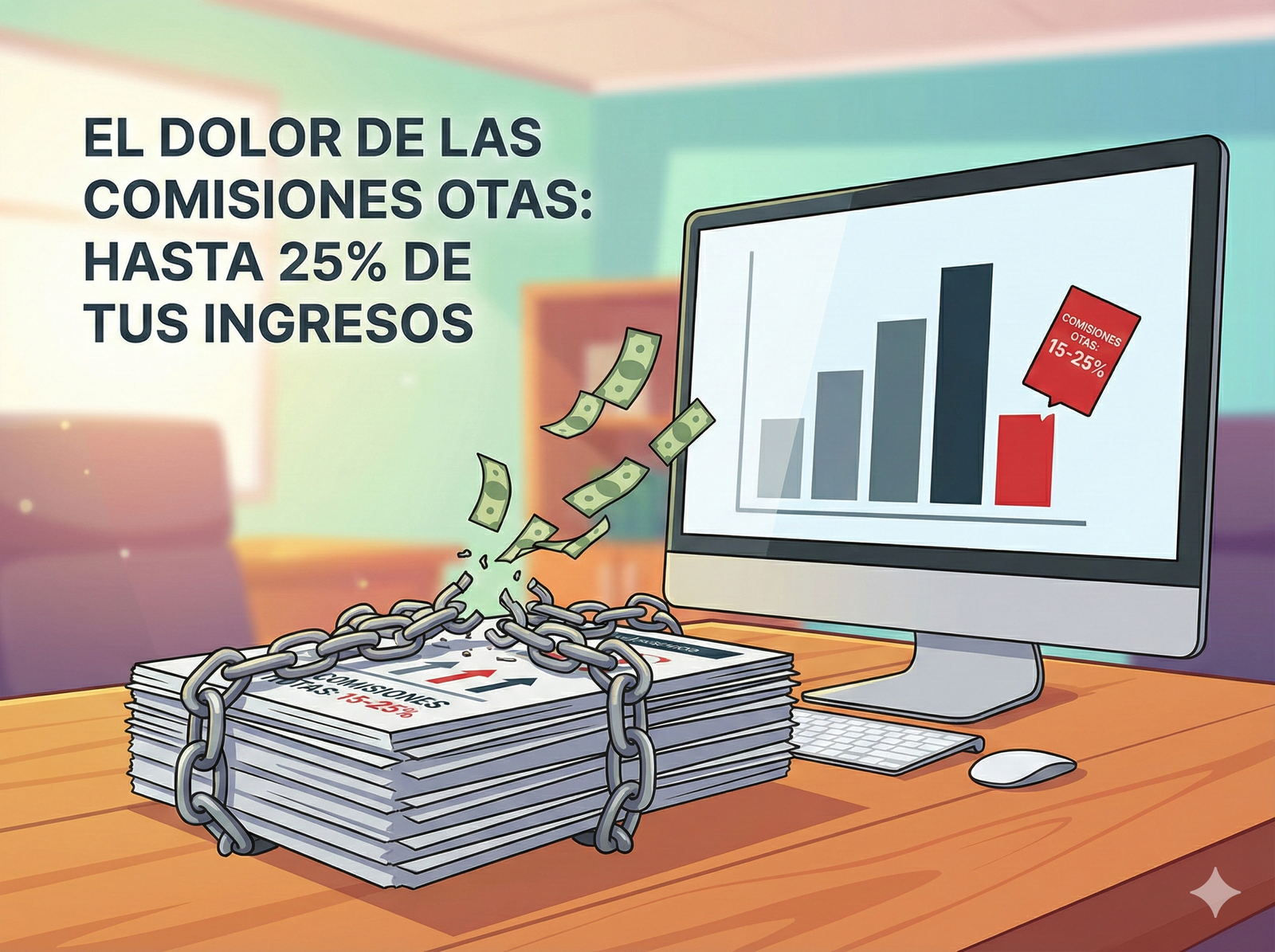 Imagen que representa el dolor de las comisiones OTAs, con hasta un 25% de ingresos perdidos y una cadena rota simbólica.