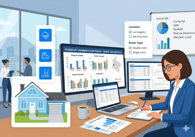 Mujer analizando datos de competencia hotelera, precios, ocupación y revenue en múltiples monitores para optimizar reservas.