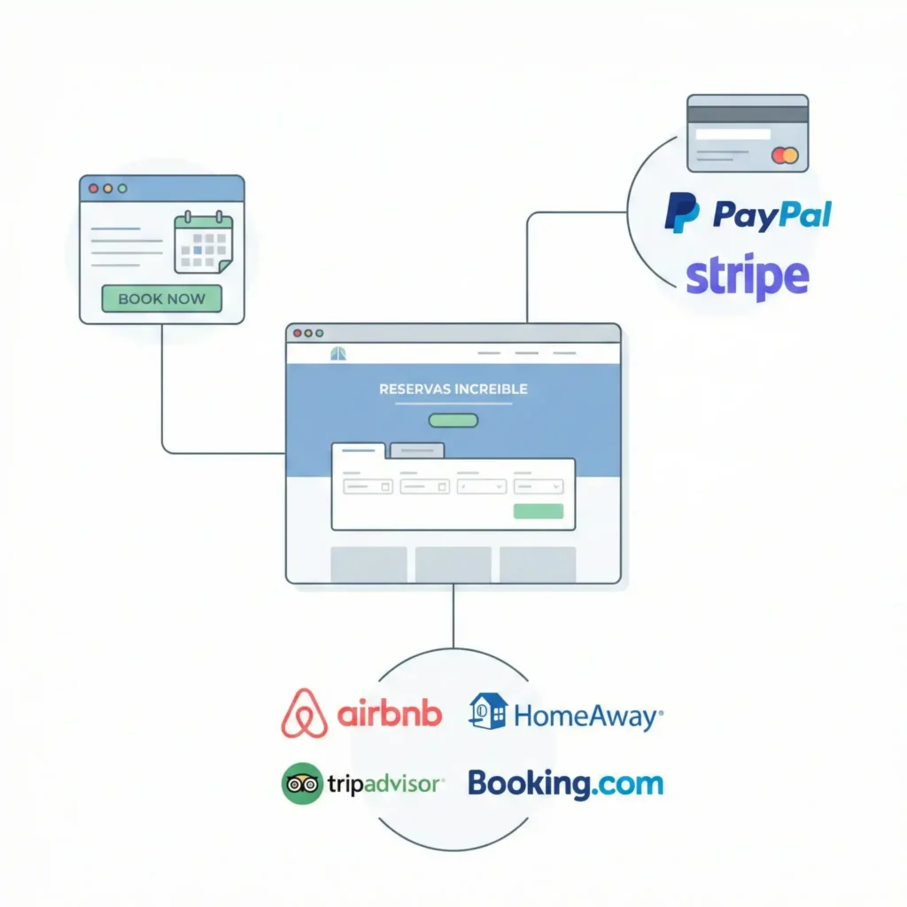 Diagrama de integración de sistema de reservas con métodos de pago (PayPal, Stripe) y plataformas (Airbnb, Booking.com).