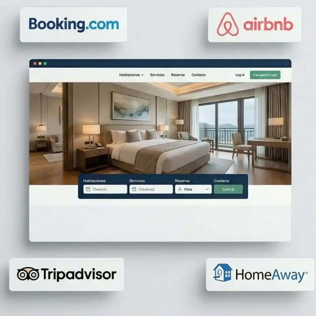 Pantalla de ordenador mostrando un portal de reservas de hotel, rodeado de logos de plataformas de alojamiento.