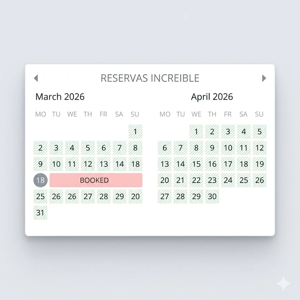 Calendario del motor de reservas 'Reservas Increíble' para hotel, mostrando disponibilidad en marzo y abril 2026 con el 18 ocupado.