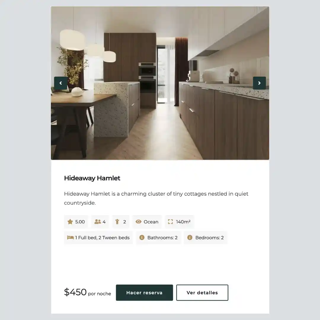 Moderna cocina y comedor de Hideaway Hamlet, ideal para reservas hoteleras. Diseño elegante y funcional.