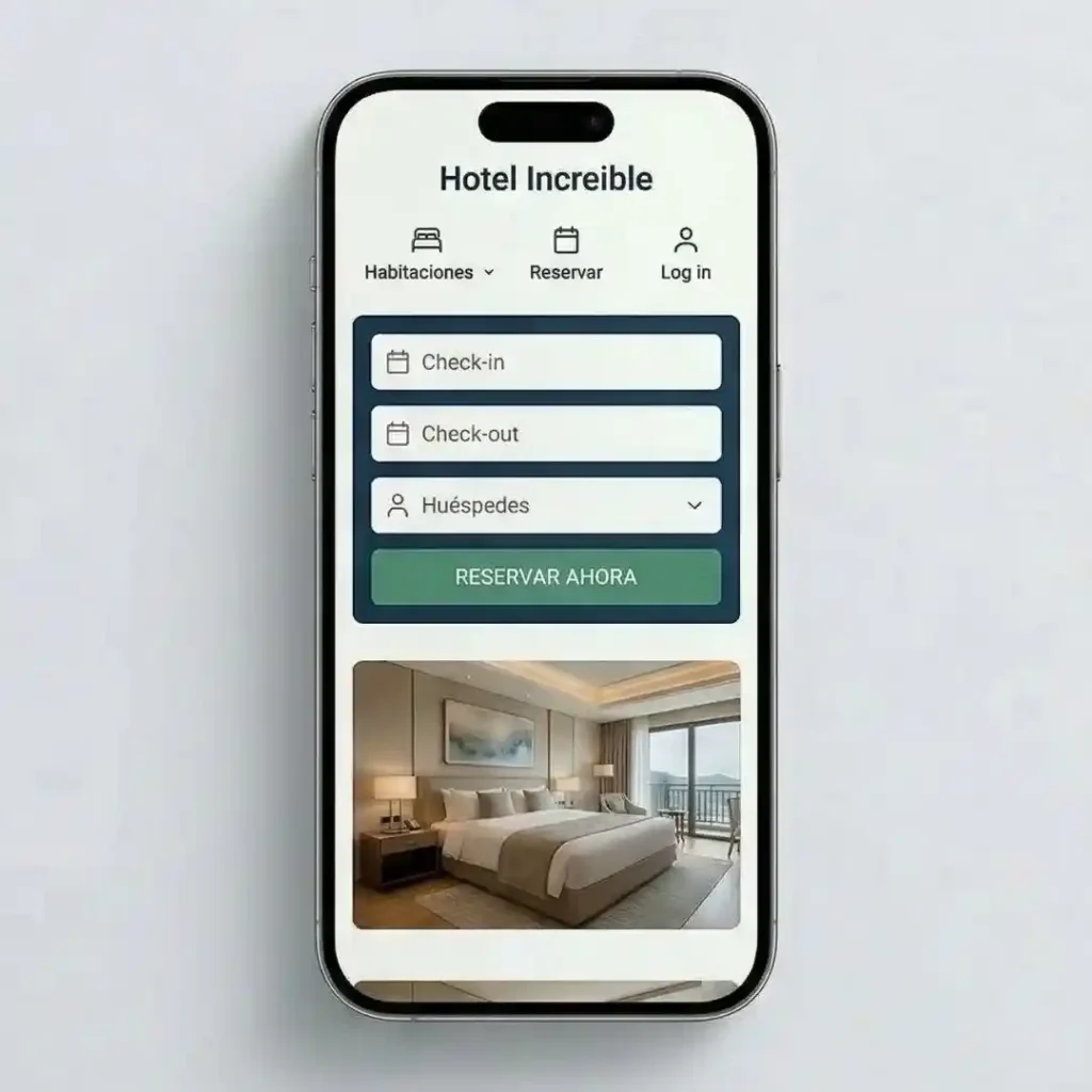Smartphone con app de Hotel Increible para reservas hoteleras, mostrando formulario de check-in/out y habitación de lujo.