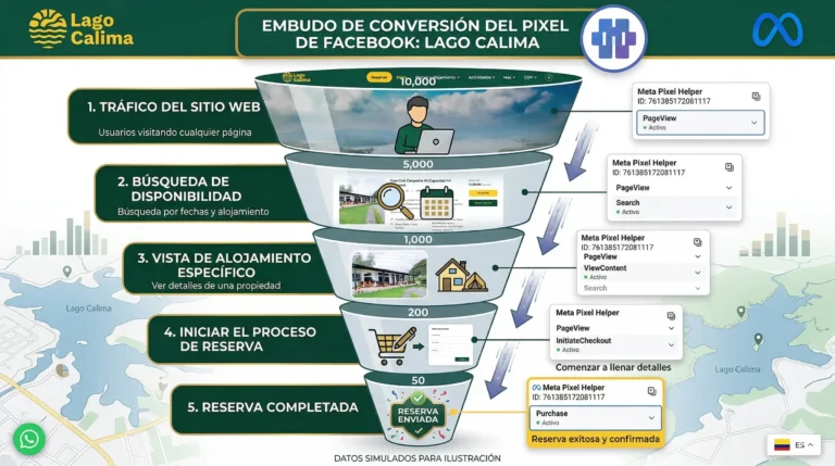 Embudo de conversión del Pixel de Facebook para hotel en Lago Calima, mostrando 5 etapas de reserva y seguimiento.