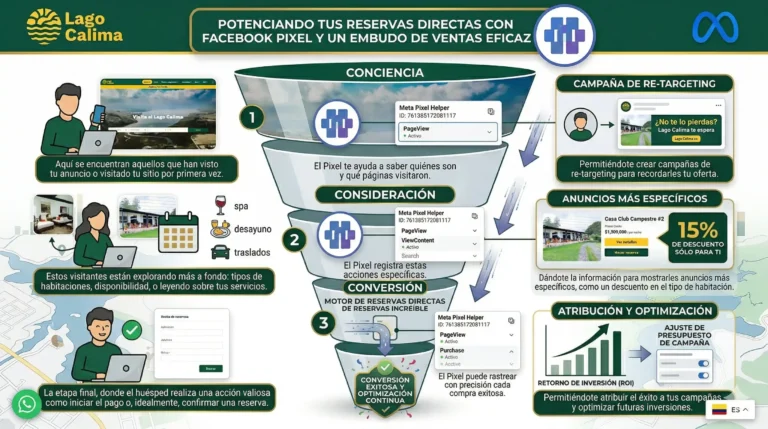 Infografía: Embudo de ventas y Facebook Pixel para potenciar reservas directas en hoteles como Lago Calima.
