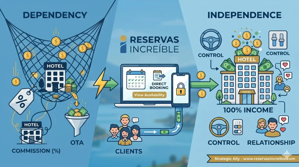 Infografía: Comparativa de dependencia hotelera a OTAs vs. independencia y reservas directas con Reservas Increíble.